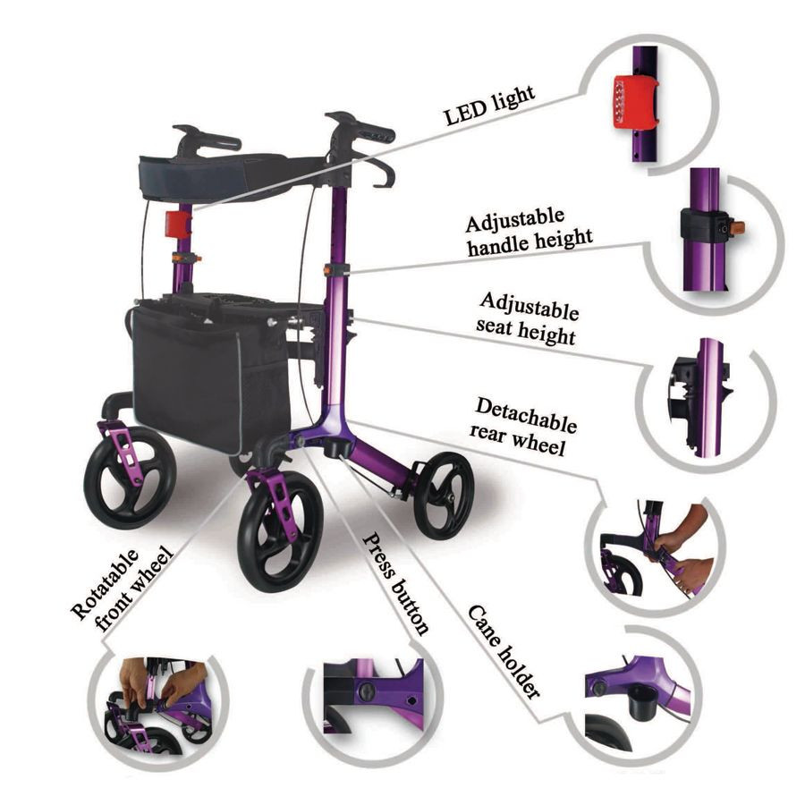 Besco Medical WA77 Upright Stand up Folding Rollator Walker with Seat for Disabled Walker Rollator